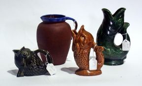 Eight various Dartmouth and other pottery fish jugs, T G Green pottery salt pot and mustard pot,