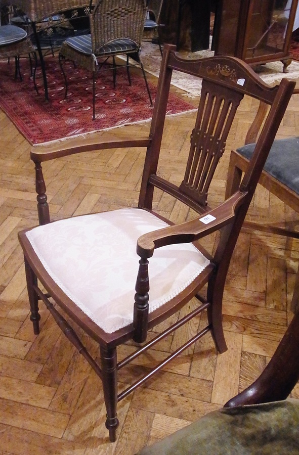 Edwardian inlaid mahogany open armchair, having vase and foliate scroll inlaid shaped top rail,
