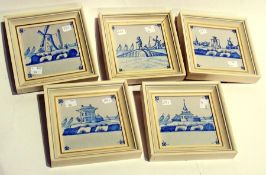 Nine various Delft pottery tiles, blue and white, figures, buildings and windmills