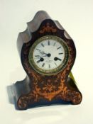 19th century French mantel clock within a satinwood inlaid balloon shaped case, enamelled dial,