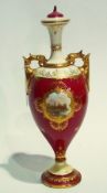 Large two-handled vase painted with vignette of castle, quantity decorative plates, comport and