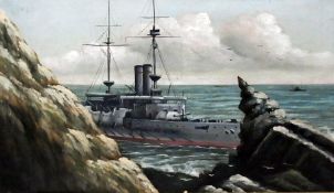 Oil on canvas
J Aylott(?)
Battleship behind rocks at sea, signed, 24cm x 40cm