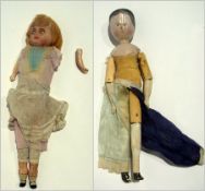 A Georgian-style painted wooden doll, 35cm and a late 19th century wax shoulderhead doll having