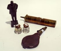 An old brass coffee grinder, two brass capped inkwells, a powder horn and a Russian spelter
