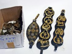 Various leather strap mounted horse brasses and loose horse brasses, etc.