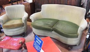 1930's three-piece suite viz:- tub-style two seater sofa and pair of matching armchairs, in green