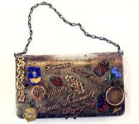 Russian engraved silver purse and chain, applied all over with gold coloured metal and enamel