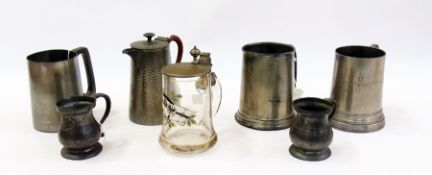 Prussian glass pewter-mounted ale mug, painted with Prussian flag, three pewter mugs, two pewter