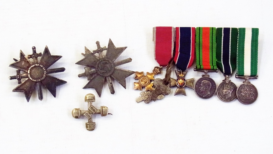 Miniature OBE/WW II group of five with two German World War II badges (1 box)    Condition Report