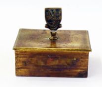 A brass box with shield-shaped handle, a trumps marker and eye glass (3)    Condition Report  Please