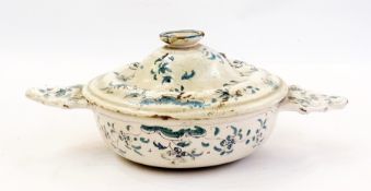 Continental Faience two-handled covered bowl, blue floral spray decorated    Condition Report