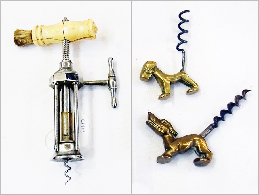 A brass corkscrew in the shape of a dog, another and a bone handled corkscrew (3)   Condition Report - Image 4 of 4