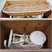 Set Mellins Food green painted baby weighing scales with wicker cradle, in wooden carrying case