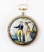 An 18th century gold-plated pocket watch case, with enamel painted erotic scene, circa 1800-1810,