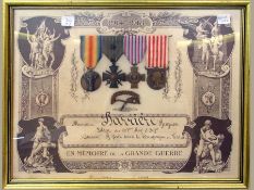 Two French WW I Croix De Guerre medal groups with certificates and a WW II French medal with