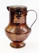 Arts and Crafts style copper flagon, baluster-shaped with cover and flattened handle, 29cm high