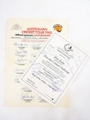 Australian Cricket Tour 1985 official autograph sheet with printed signatures and a Jim Love Pro-