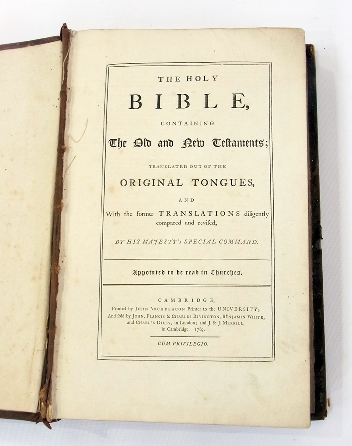 "The Holy Bible...", Cambridge, printed by John Archdeacon, printed to the University 1789, full - Image 2 of 2