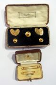 Two 9ct gold tie-bars, pair gold-plated chain pattern cufflinks and three plated studs