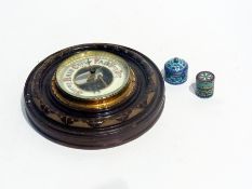 An aneroid barometer, two cloisonne decorative miniature boxes and a quantity of soft toys (2