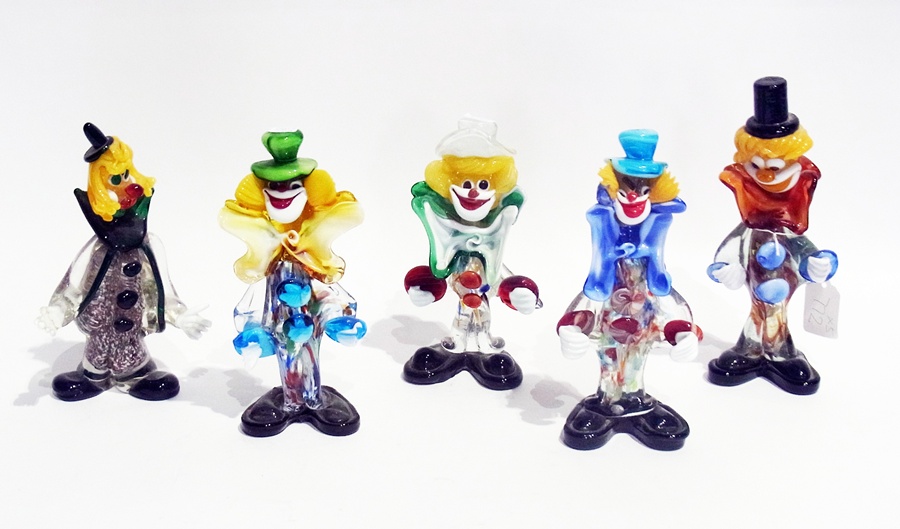 Five various Murano coloured glass clowns