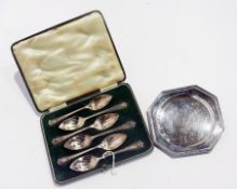 A set of six silver plate grapefruit spoons, cased together with a plate octagonal dish together