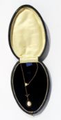 10K gold and cultured pearl pendant drop necklace on fine chain, with case