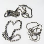 A silver fancy ornate link chain necklace, silver-coloured metal rope necklace and a double snake-