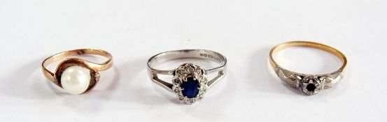 9ct white gold ring with sapphire stone, gold ring with pearl and 18ct ring (diamond missing) (3)