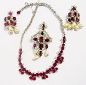 Christian Dior Mitchell Maer necklace, brooch and earrings, circa 1952, set with red and white paste