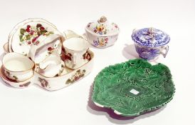 Six Victorian majolica green-glazed dessert plates, matching oval dish, Hammersley china "Strawberry