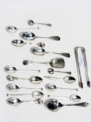 A quantity of silver and other spoons including six seal-top teaspoons, pair sugar nips, etc.