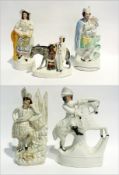 Victorian Staffordshire pottery flatback model of woman selling fish, another, Highland piper and
