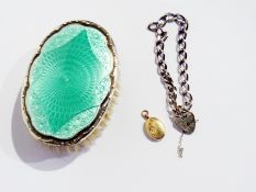 Silver and enamel clothes brush, silver curb-link bracelet with padlock and 9ct gold oval locket