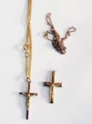 9ct gold cross on gold coloured chain and another 9ct gold cross with chain