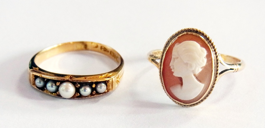 9ct gold cameo ring and a  18ct gold and seed pearl ring