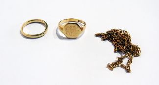 A 9ct gold wedding ring, 9ct gold signet ring and a 9ct gold chain necklace, 10g approx.