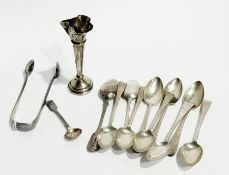 Ten 19th century silver teaspoons, various, a silver flower vase (af) together with a pair of silver