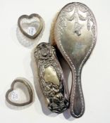 A pair of silver-mounted heart shaped glass jars, silver backed hand mirror and a silver backed