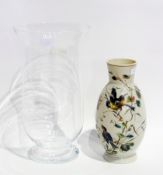 A Victorian opaline glass vase, ovoid and painted with birds amidst flowering branches, 27cm high