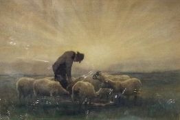 Watercolour drawing
K. Duff
Shepherd feeding his sheep at sunset
signed lower left