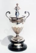 19th century Sheffield plate trophy cup, with berry finial, foliate twin handles, with further