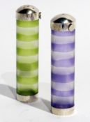 A pair of contemporary salt and pepper pots, coloured acrylic banding with silver tops and bases,