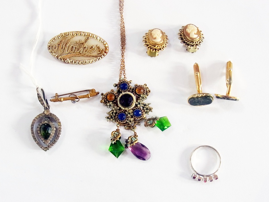 A quantity of costume jewellery to include pendant on necklace, cufflinks, cameo clip on earrings