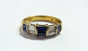 18ct gold sapphire and diamond baguette-pattern ring, set six baguette sapphires in pairs with two