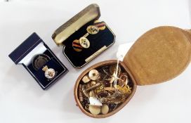 Silver and tortoiseshell pique Royal engineer badge, cufflinks, studs, tie pins