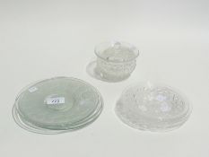 Set of 11 cut and moulded partly satin glass dessert plates, 10 various small cut and moulded