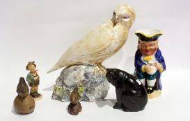 Poole stoneware model bird on an apple, 14cm high, similar Poole model bird on a rock, Hummel figure
