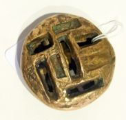 Modern bronze rattle-type object, circular and pierced with bells to interior and decorated with