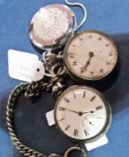 Two old silver cased pocket watches, enamel dials, on albert chains, together with a chrome plated